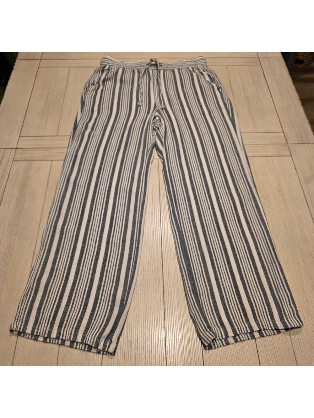 Old Navy Striped Linen Blend Wide Leg Pants | Cream Navy Blue | Size Medium M